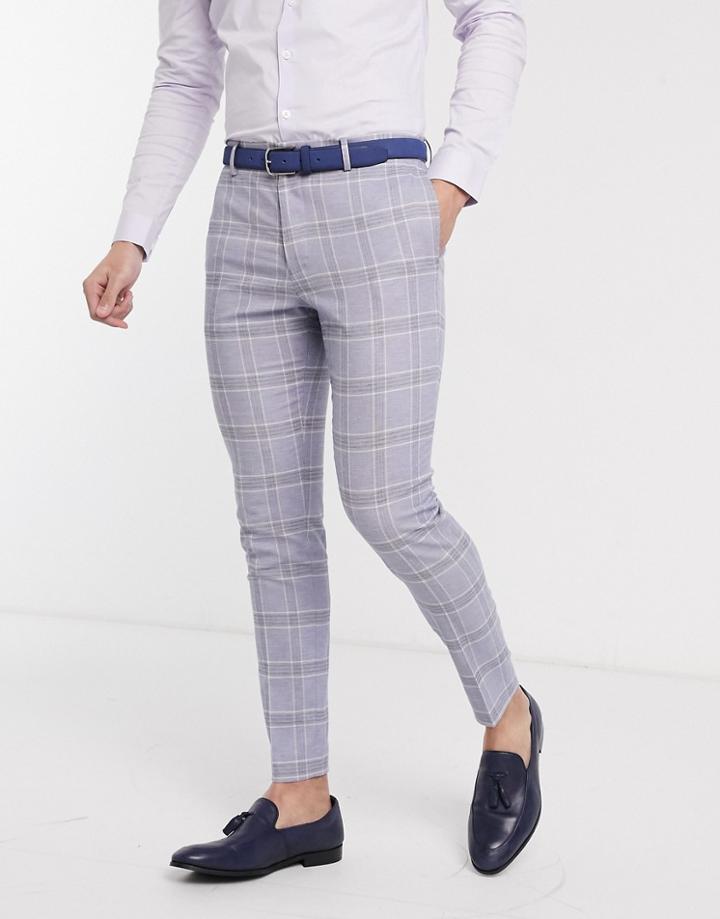 Asos Design Wedding Super Skinny Suit Pants In Blue Linen Windowpane Check-blues