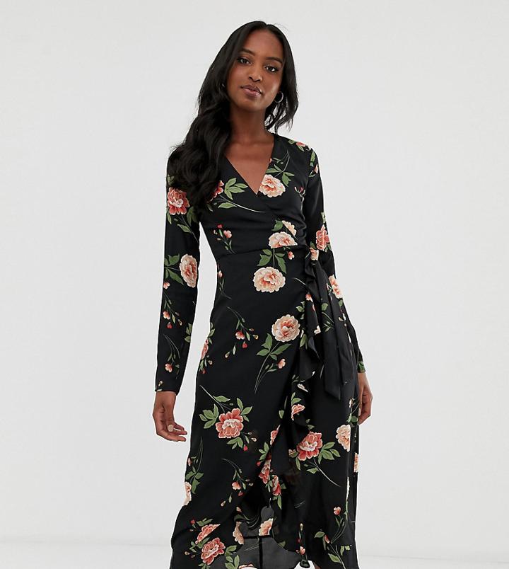 Fashion Union Tall Wrap Midi Dress In Oversize Floral-black
