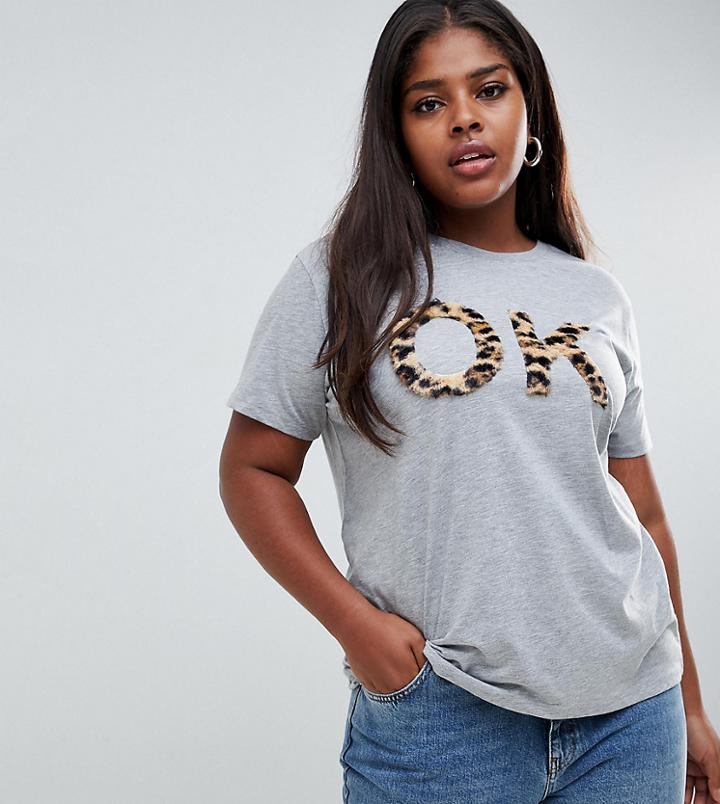 Asos Design Curve T-shirt Ok Fluffy Animal Print - Gray