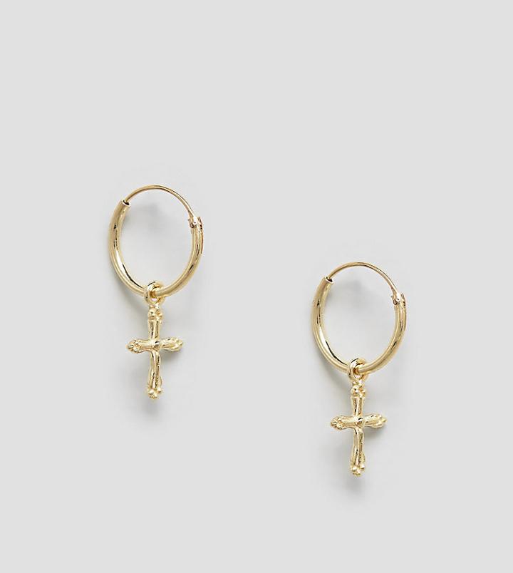 Kingsley Ryan Sterling Silver Gold Plated Ornate Drop Cross Hoop Earrings - Gold