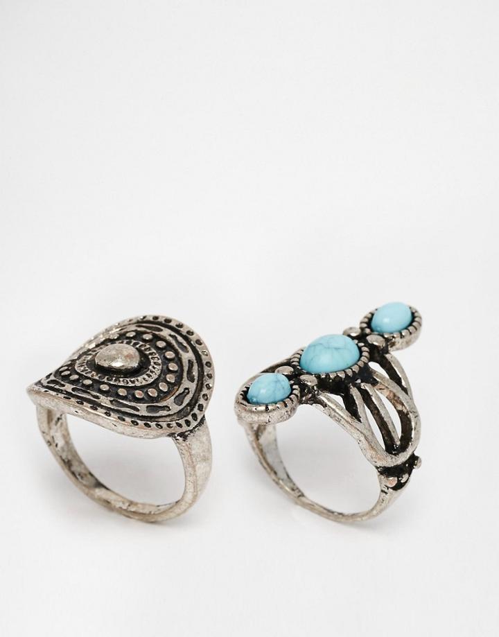 Missguided Two Pack Silver And Turqoise Ring Set - Silver