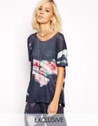 Religion T-shirt With All Over Burnt Floral Print Matching Set - Blue