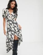 Glamorous Vintage Button Front Midi Tea Dress In Brushstroke Print-tan