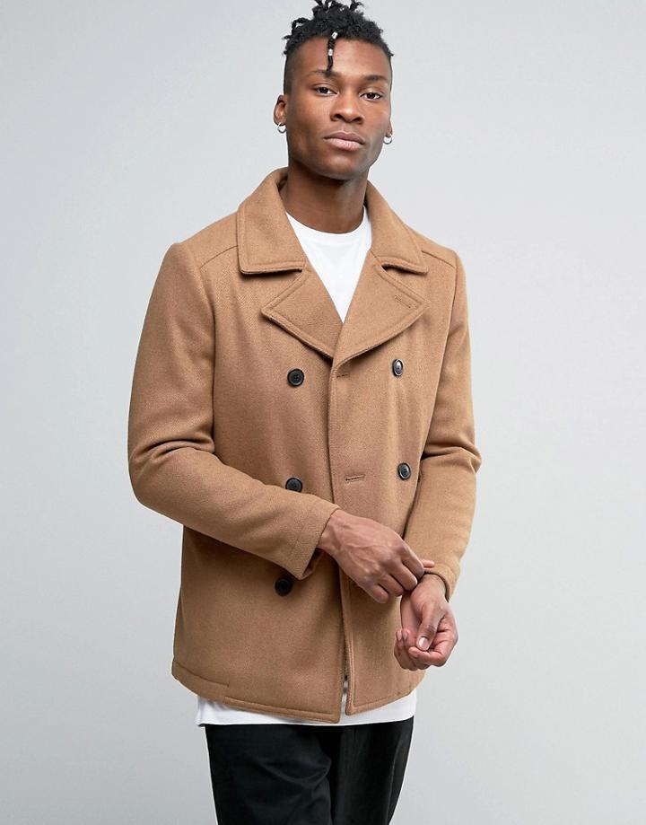 Selected Wool Pea Coat - Tan