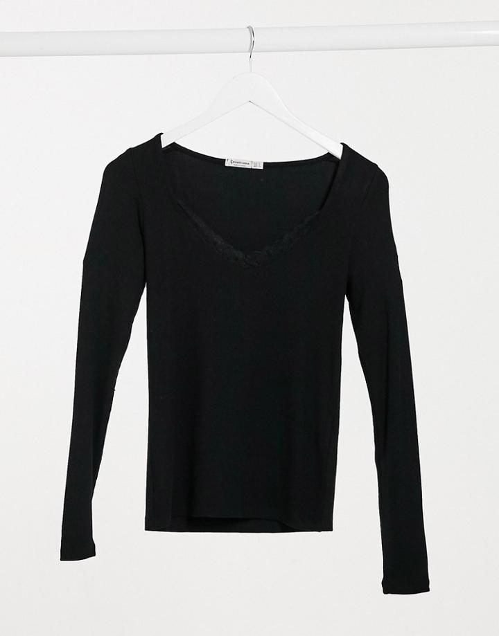 Stradivarius Long Sleeve Top With Lace Trim In Black