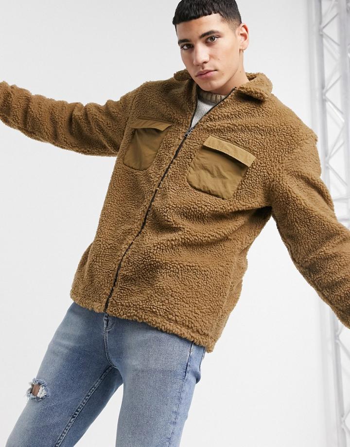 Jack & Jones Originals Borg Jacket With Pockets And Zip In Brown