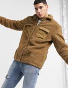Jack & Jones Originals Borg Jacket With Pockets And Zip In Brown