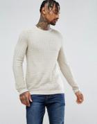 Asos Muscle Fit Cable Knit Sweater In Stone - Beige