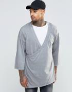 Asos Oversized Long Sleeve T-shirt With Kimono Wrap Detail - Gray