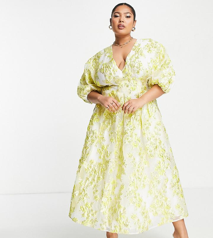 Asos Edition Curve Pleat Waist Jacquard Midi Dress In Yellow
