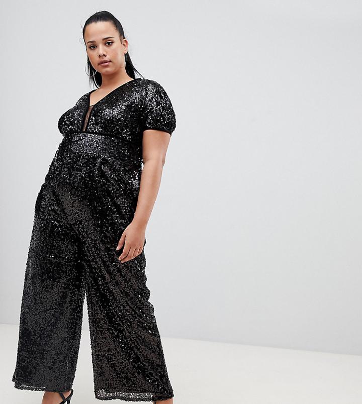 Little Mistress Plus All Over Sequin Wide Leg Jumpsuit In Black - Black