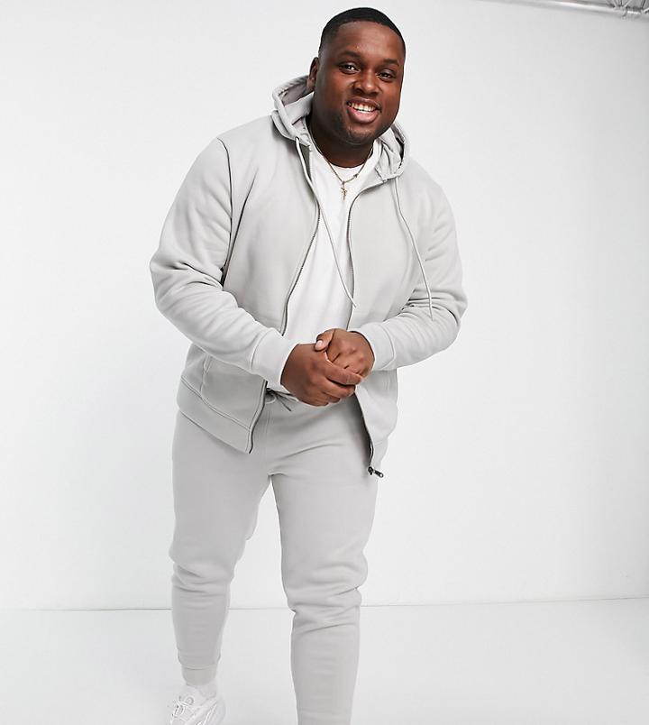 Threadbare Plus Full Zip Hoodie & Sweatpants Tracksuit Set In Light Gray