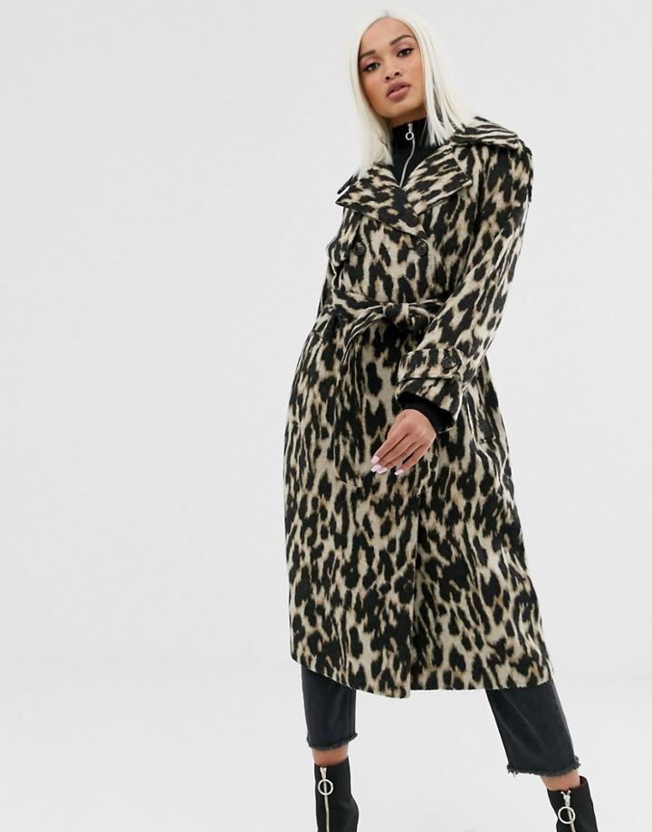 Asos Design Oversized Leopard Belted Coat - Multi
