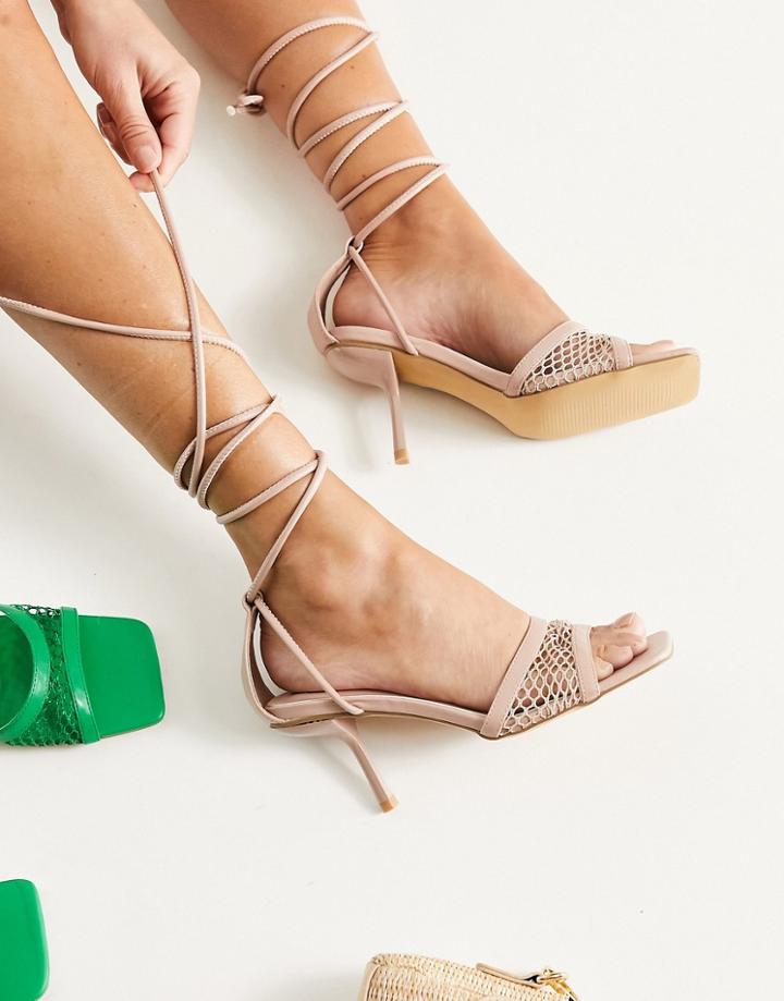 London Rebel Tie Leg Heeled Sandals In Beige-neutral