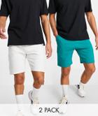 Asos Design Jersey Slim Shorts 2 Pack In Green/white Heather-multi