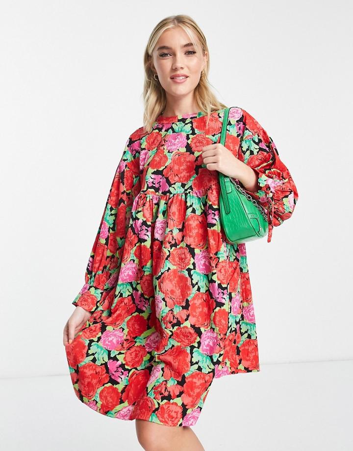 Pieces Mini Smock Dress In Red Floral Print-multi
