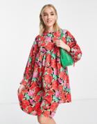 Pieces Mini Smock Dress In Red Floral Print-multi