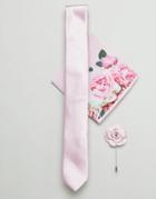 Asos Design Slim Tie & Pocket Square & Lapel Pin In Pink - Pink