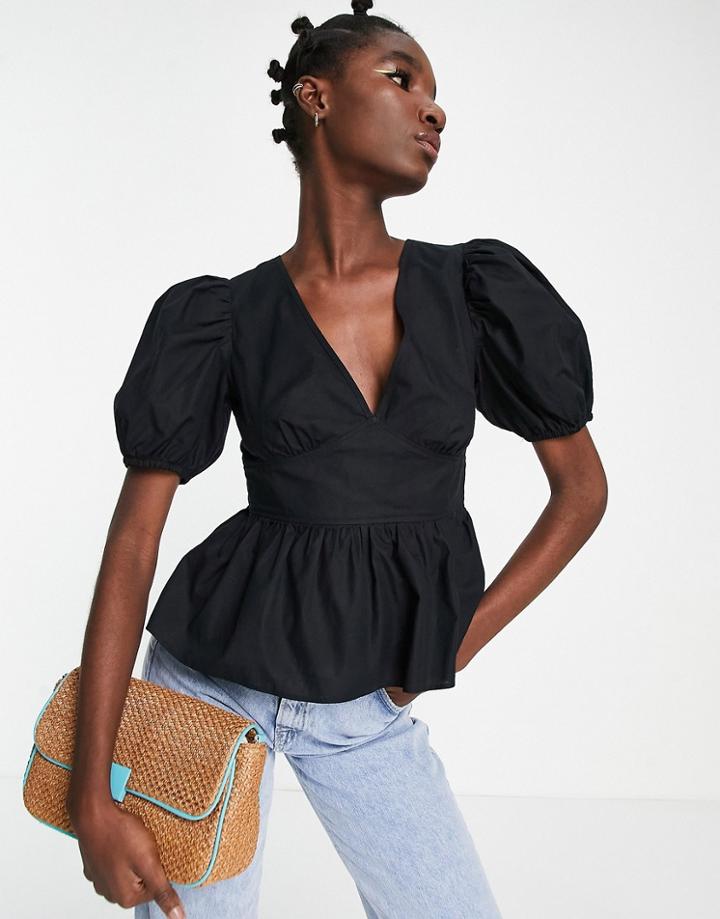 Topshop Peplum Poplin Puff Sleeve Blouse In Black