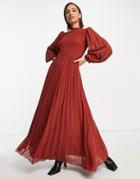 Asos Design High Neck Pleated Long Sleeve Skater Maxi Dress In Rust-red