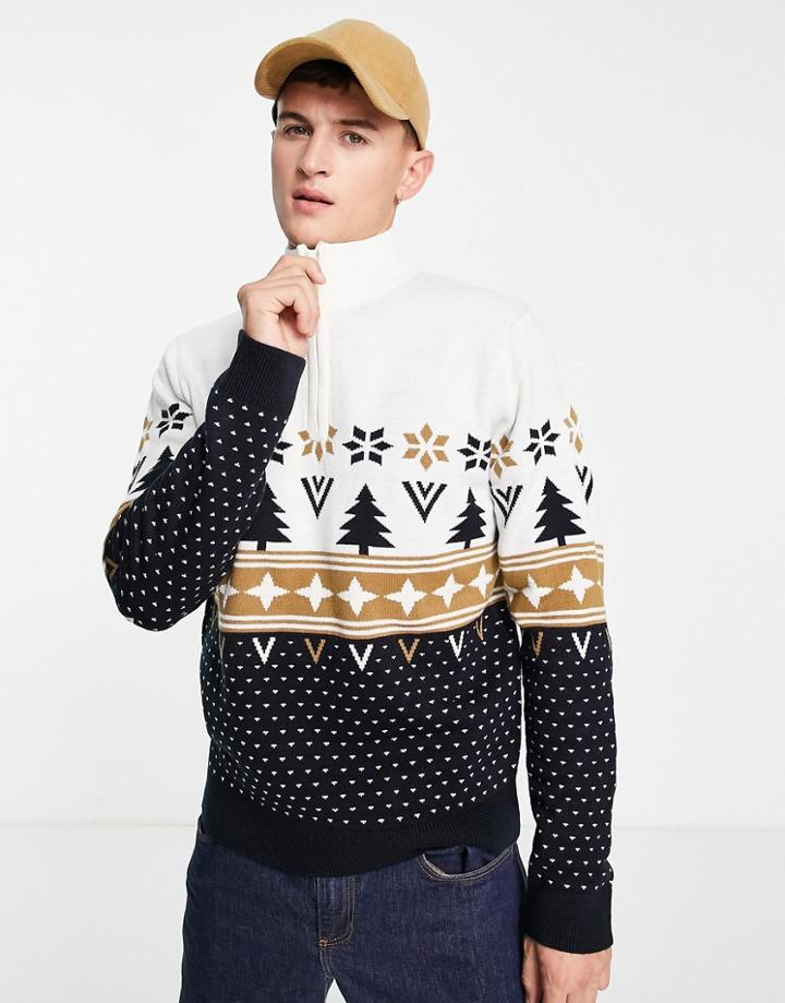 Threadbare Fairisle Quarter Zip Christmas Sweater In Navy