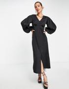 Closet London Empire Waist Volume Sleeve Midi Dress In Black