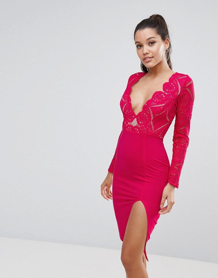 Love Triangle Plunge Front Lace Top Midi Pencil Dress - Pink