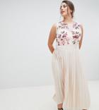 Little Mistress Plus Embroidered Top Midi Pleated Dress In Cream Multi - Cream