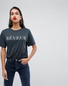 Neon Rose T-shirt With French Slogan - Black