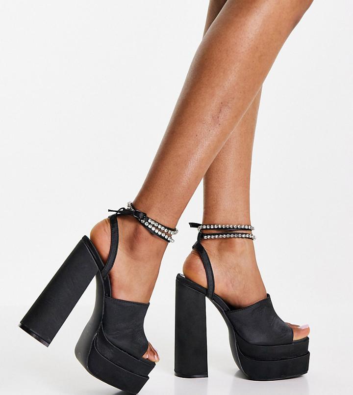 Public Desire Wide Fit Lilibet Platform Heel Sandals In Black Satin