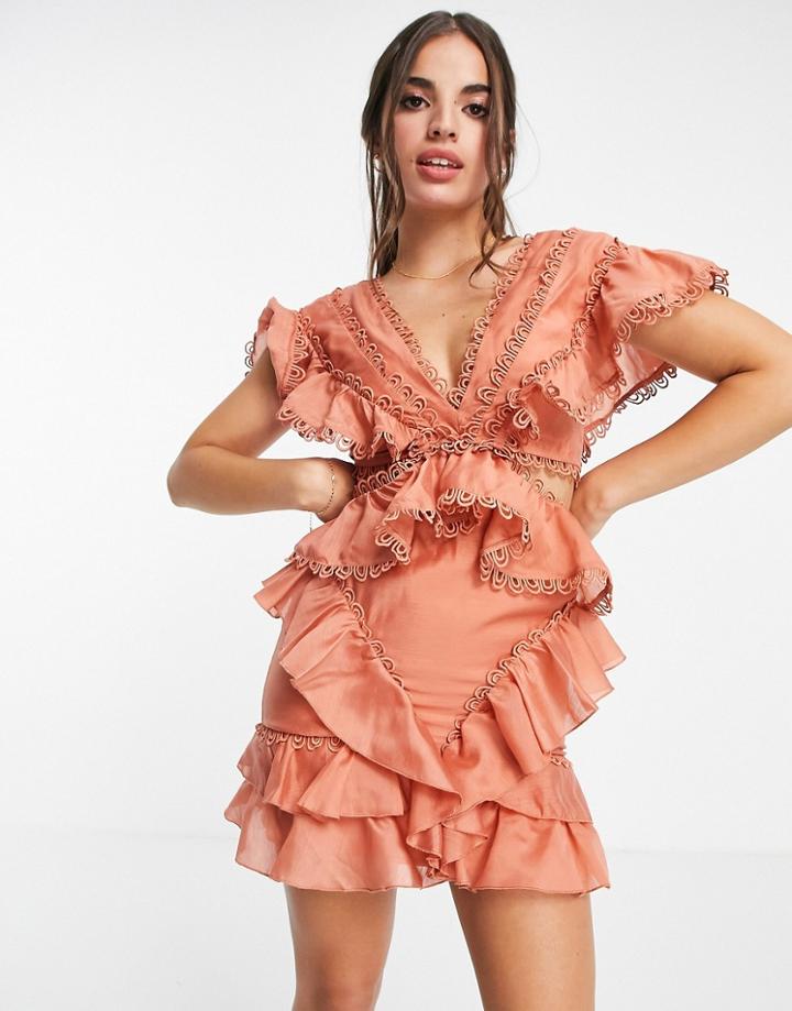 Asos Design Lace Trim Structured Mini Dress With Ruffle Detail-pink