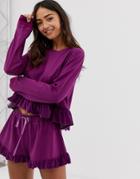 Hey Peachy Pyjama Short Set With Velvet Ruffle Detail In Purple - Purple