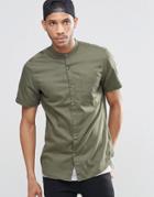 Pull & Bear Short-sleeve Shirt With Grandad Collar In Khaki In Regular Fit - Khaki