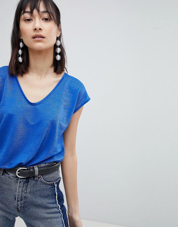 Pieces V-neck Satin T-shirt - Blue