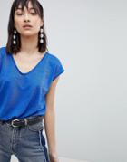 Pieces V-neck Satin T-shirt - Blue
