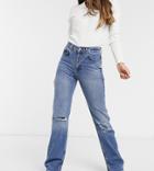 Pull & Bear Tall 90s Straight Leg Jeans With Rips And Slit Hem In Blue-blues