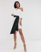 Asos Design Textured Off Shoulder Mini Dress With Pu Belt - Black