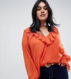 Asos Design Curve Sheer Long Sleeve Blouse With Ruffle Detail And Cami-orange