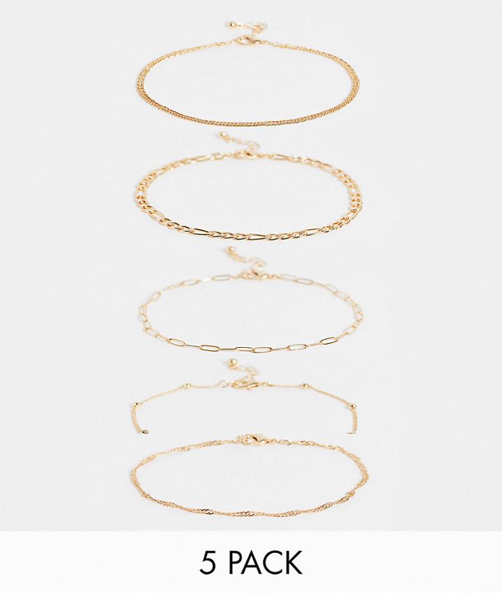 Asos Design Pack Of 5 Anklets In Mixed Design In Gold Tone