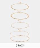 Asos Design Pack Of 5 Anklets In Mixed Design In Gold Tone