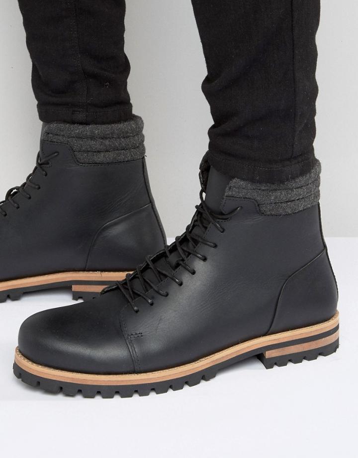 Asos Lace Up Boots In Black Leather With Cleated Heavy Sole - Black