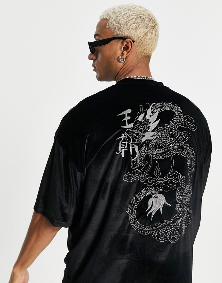 Asos Design Oversized T-shirt In Velour With Back Embroidery In Black