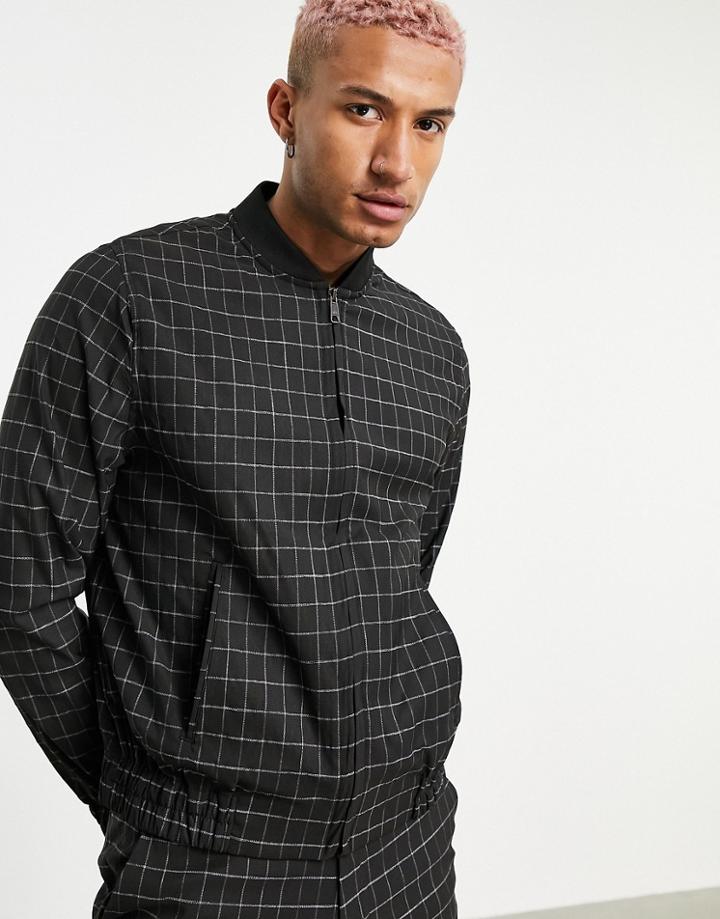 Asos Design Smart Bomber Jacket In Navy Grid Check - Part Of A Set-black