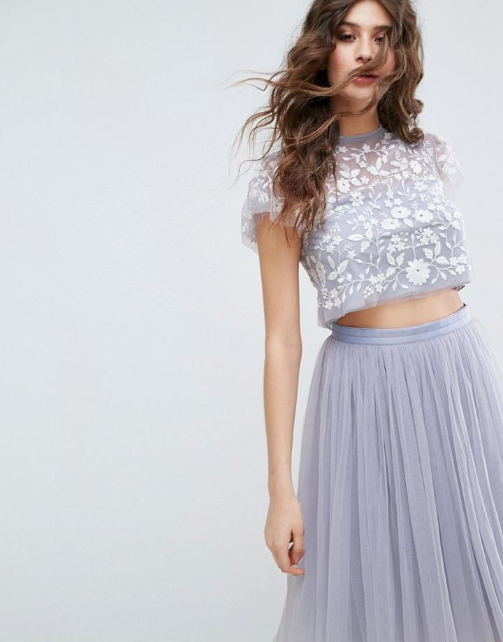 Needle & Thread Meadow Embroidered Tulle Cropped Top - Blue