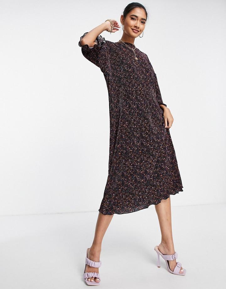 Asos Design Plisse Midi Oversized T-shirt Dress In Dark Ditsy Floral Print-multi