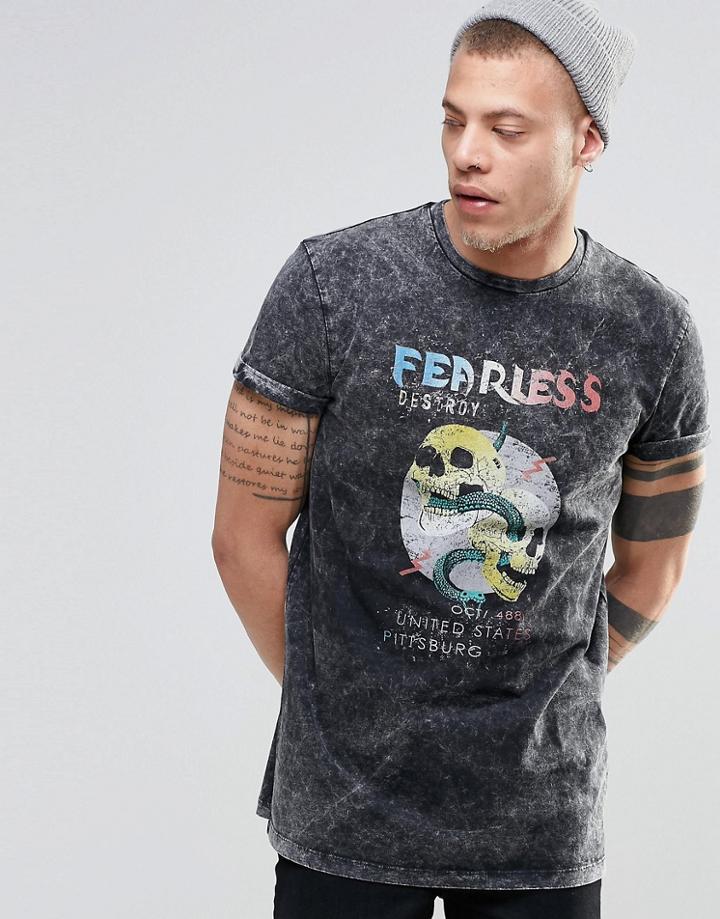 Asos Longline T-shirt With Acid Wash And Skull Print With Roll Sleeve - Gray