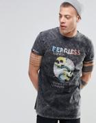 Asos Longline T-shirt With Acid Wash And Skull Print With Roll Sleeve - Gray
