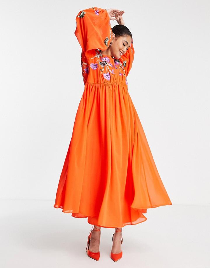 Asos Edition Blouson Sleeve Maxi Dress With Embroidered Bodice In Tomato Red