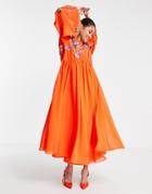 Asos Edition Blouson Sleeve Maxi Dress With Embroidered Bodice In Tomato Red
