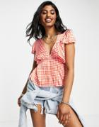 Topshop Satin Hexagonal Angel Sleeve Tea Top In Pink And Red